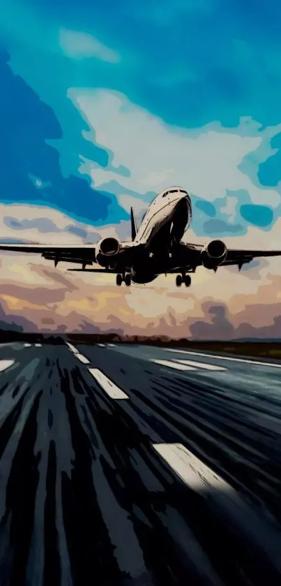 Illustrated jet taking off against a vivid blue sky.