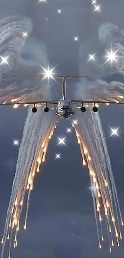 Jet aircraft with dramatic flare display in the cloudy sky.