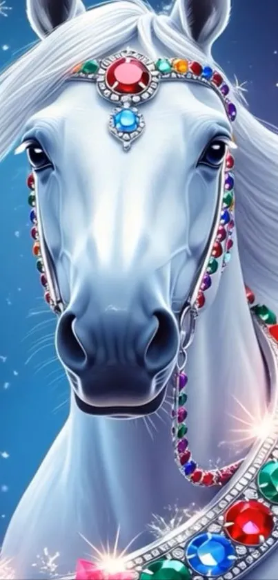 Majestic horse with jewel decorations in a fantasy setting.