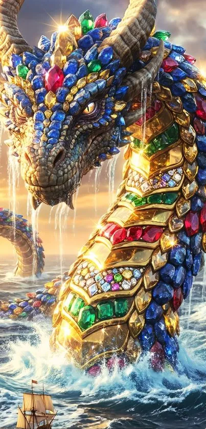 A colorful, jewel-encrusted dragon rising from the ocean.