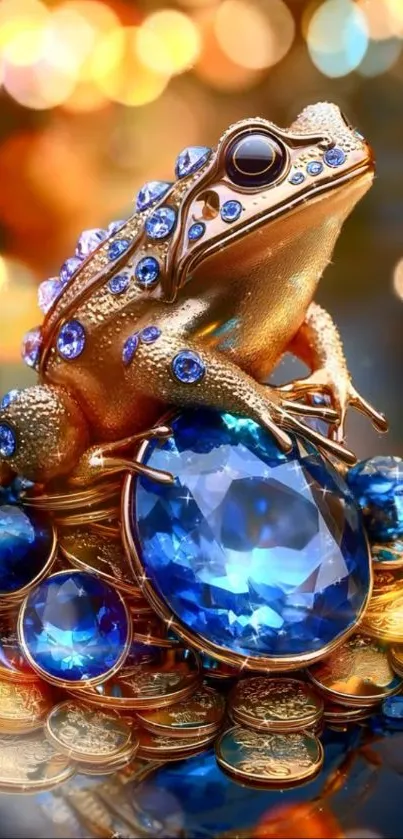 Jewel-encrusted frog sitting on gems and coins in fantasy artwork.