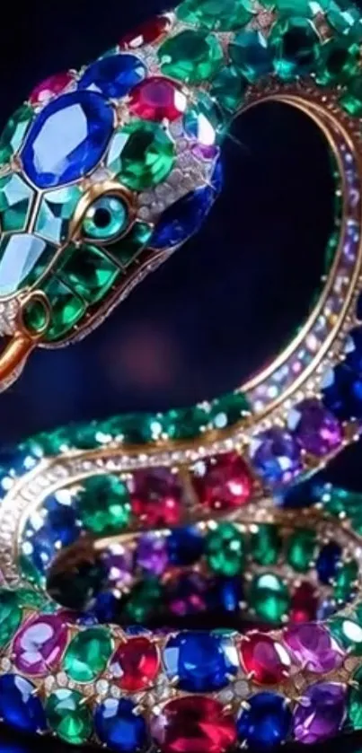 Jewel-encrusted serpent with vibrant gemstones in dark blue setting.