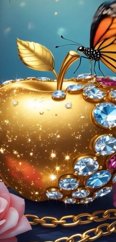 A golden apple adorned with jewels and a butterfly, set among roses.
