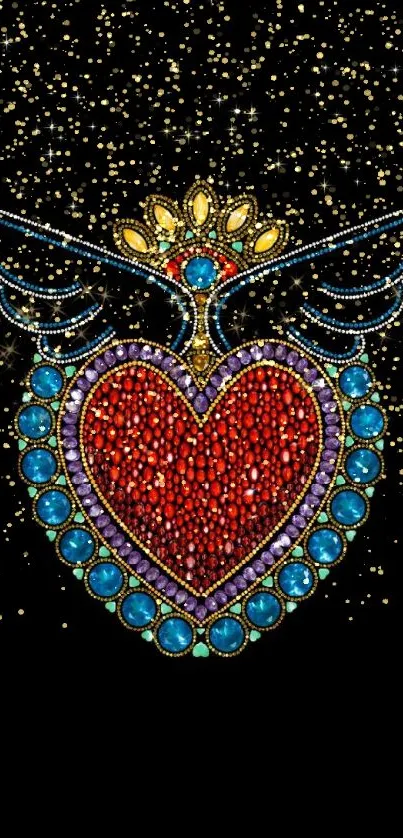 Jeweled heart with wings on a black background, sparkling details.