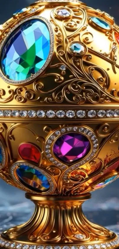 Gold ornament embellished with colorful jewels on mobile wallpaper.