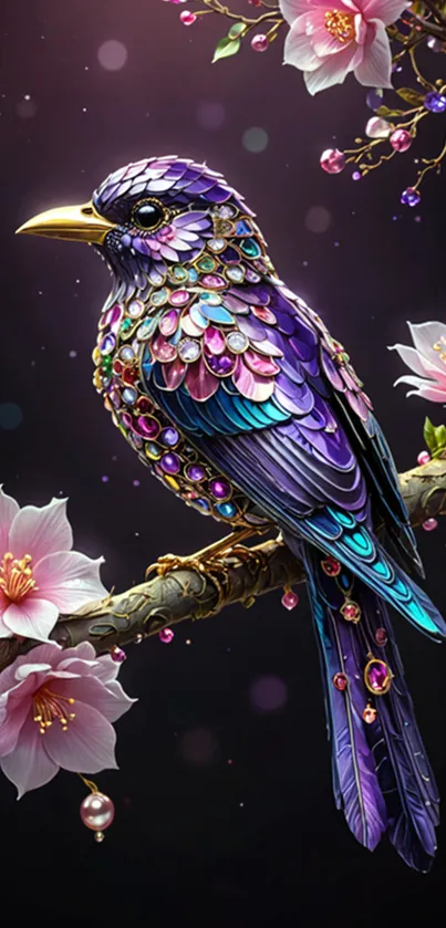 Jeweled bird with vibrant purple feathers perched on a blossoming branch.