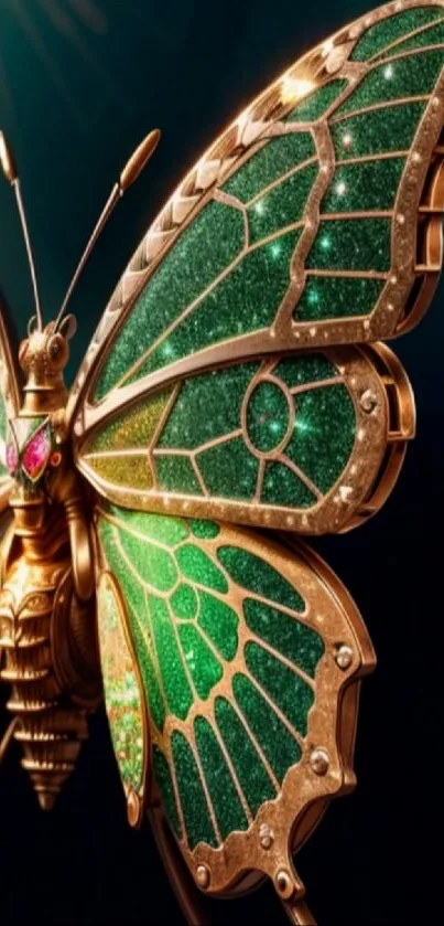 Intricate jewelled butterfly with green and gold hues in fantasy art style.