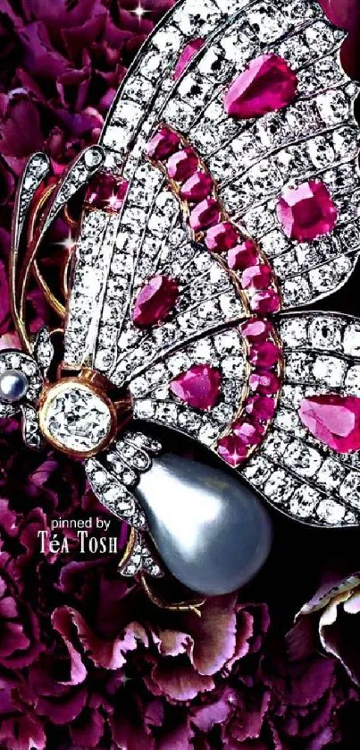 Jewelled butterfly resting on deep purple petals with elegant design.