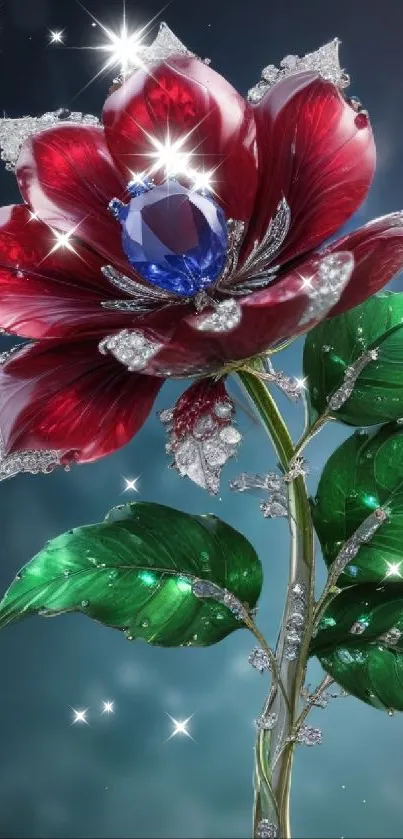 Jewelled red flower with blue gem center on vibrant mobile wallpaper.