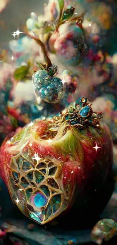 Fantasy art of a jeweled apple with nature accents.