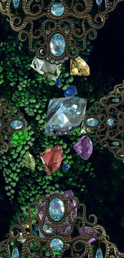 Luxurious jeweled royal ornament wallpaper with vibrant gemstones on a green background.