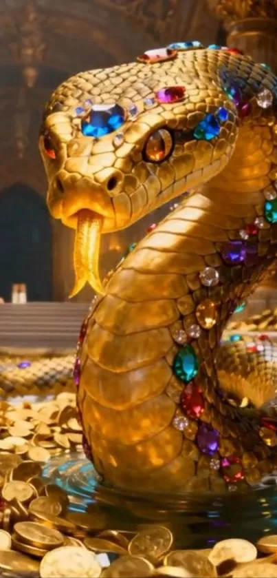 Jeweled serpent coiled among gold coins in a treasure cave setting.