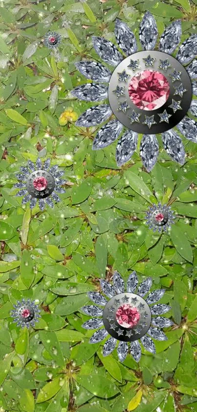 Jewel-encrusted floral designs on green leaf wallpaper.