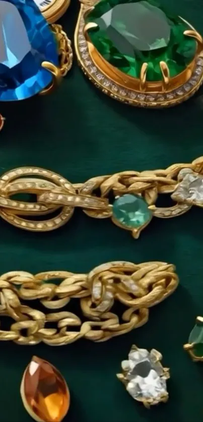 Elegant jewelry with colorful gemstones on a dark background.