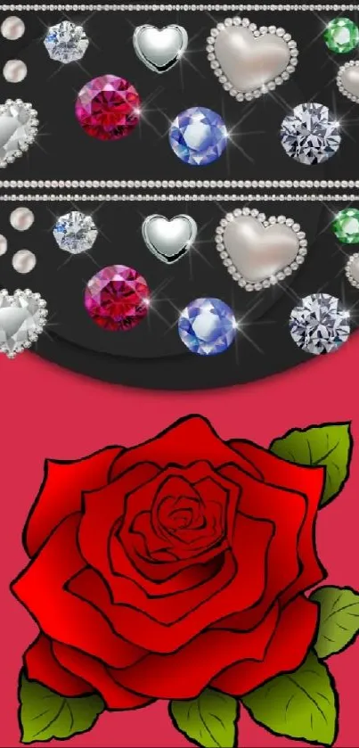 Mobile wallpaper of a red rose and sparkling jewels with heart shapes.