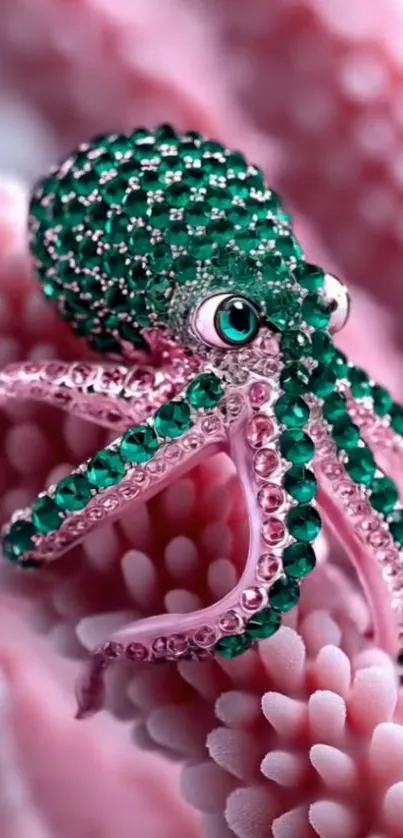 Green gemstone octopus on pink coral wallpaper.