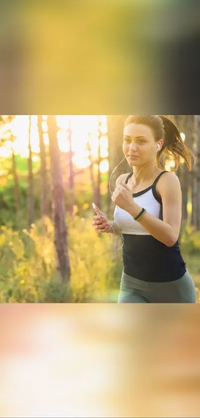 Woman jogging in a sunlit forest during a peaceful afternoon run.