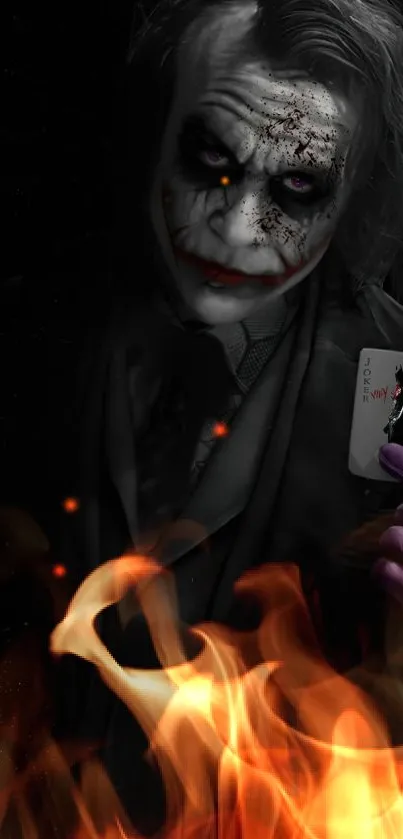 Dark Joker wallpaper with flames and eerie vibes.