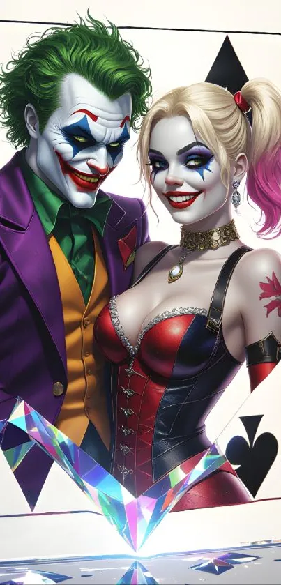 Joker and Harley Quinn illustrated on a playing card with vibrant colors.