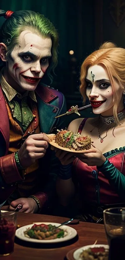 Joker and companion dine in colorful attire, exuding a playful comic vibe.