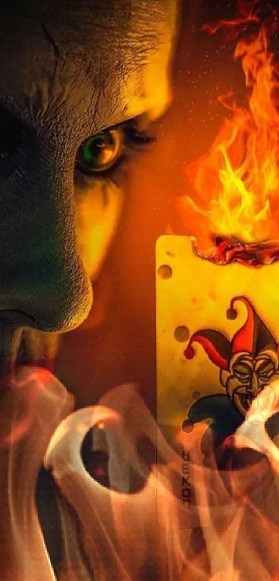 Joker burning playing card wallpaper with fiery effect.