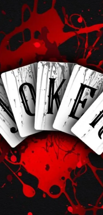 Bold Joker cards with red splashes on black background.