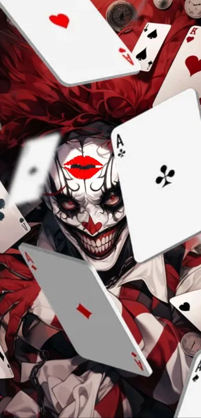 Joker with playing cards mobile wallpaper with red and white colors.