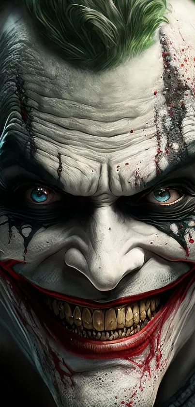 Cinematic Joker with intense smile and striking, dark aesthetic.