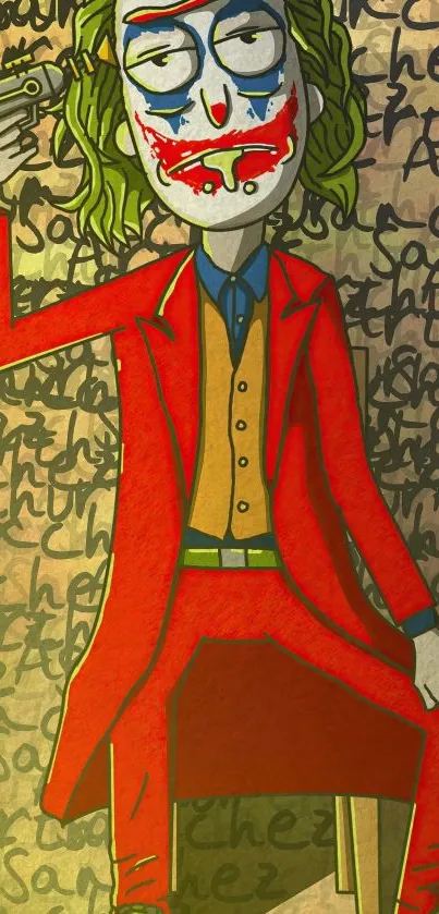 Joker-inspired character in vibrant red suit, artistic wallpaper