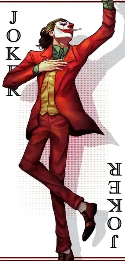 Artistic Joker playing card wallpaper, vibrant red.