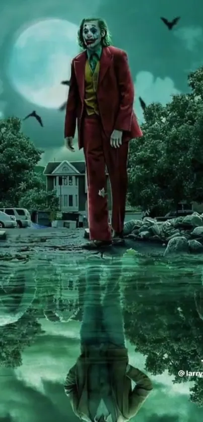 Joker standing over a reflective pond with eerie green tones and a full moon backdrop.