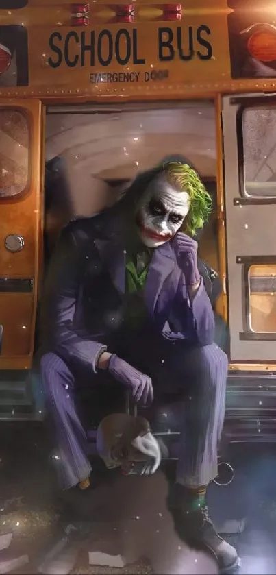 Joker sitting in school bus with a mysterious, dark theme.