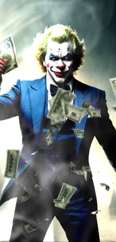 Joker in a blue suit holding money in a dramatic cityscape background.