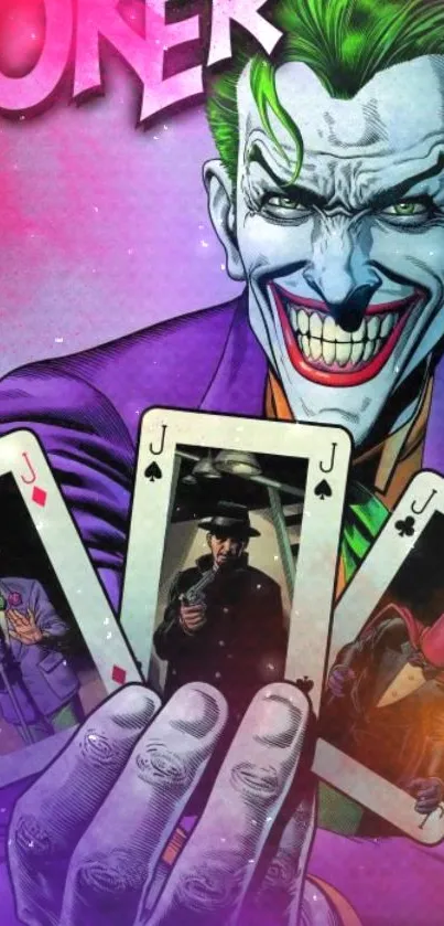 Joker artwork with playing cards and sinister smile in vibrant colors.