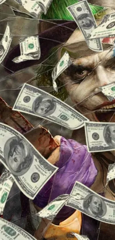 Joker with dollar bills mobile wallpaper.