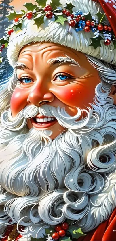 Cheerful cartoon Santa Claus with red hat and snowy background.