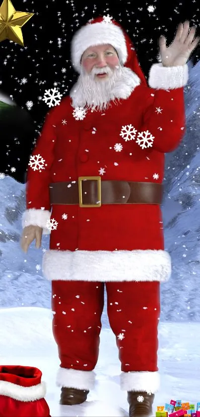 Santa Claus waving in a snowy Christmas scene with gifts and snowflakes.