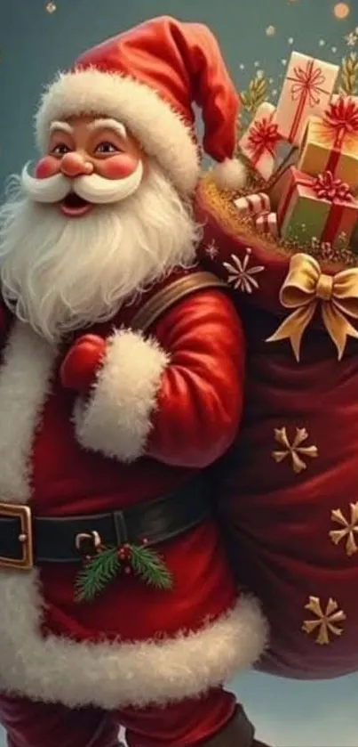 Jolly Santa Claus with gift sack wallpaper