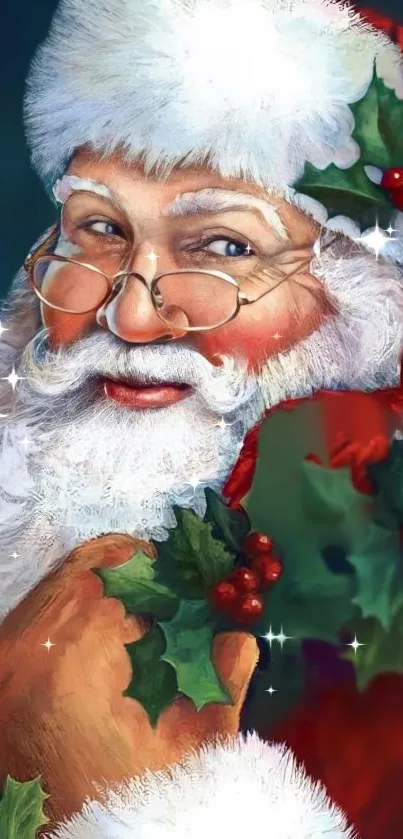 Jolly Santa Claus in red hat with holly leaves and berries.