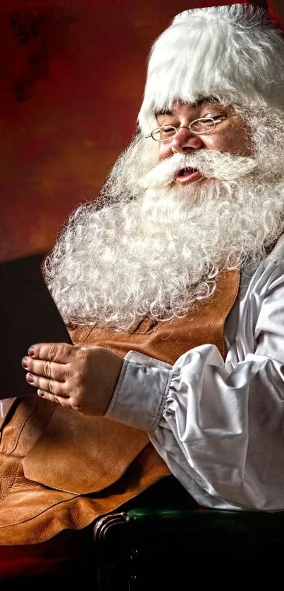 Santa Claus reading a tablet joyfully.