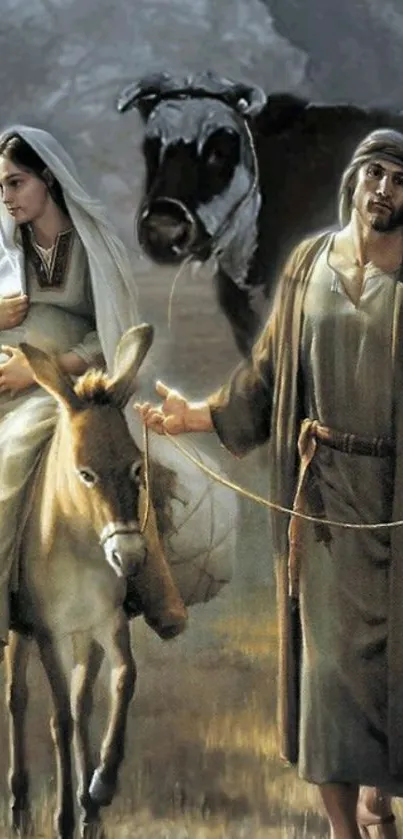 Mary and Joseph journey on a donkey with serene background.