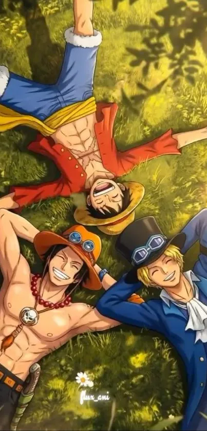Anime characters relaxing on grass in a vibrant scene.