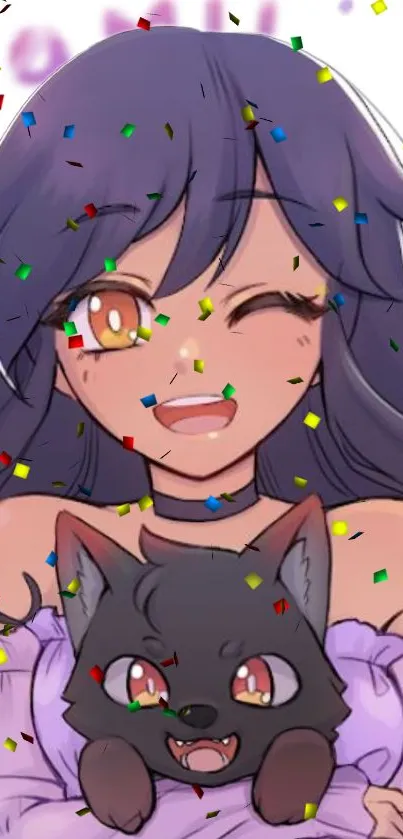 Anime girl winking with a cute pet and confetti.