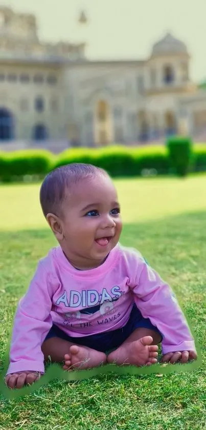 Smiling baby sitting on grass in a park on a sunny day.