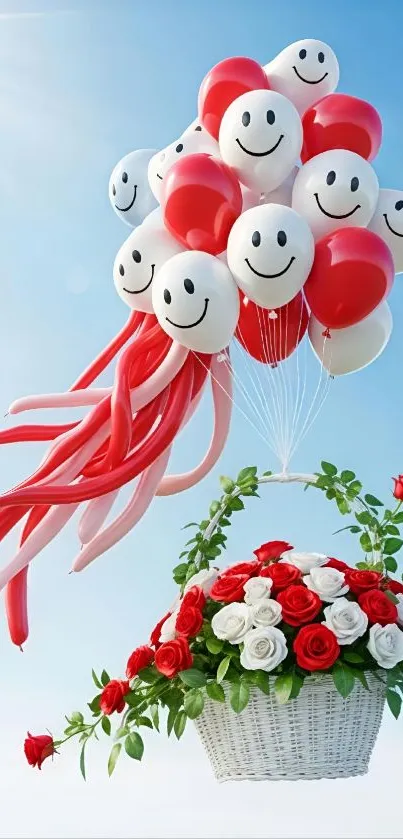 Happy face balloons and rose basket against blue sky.
