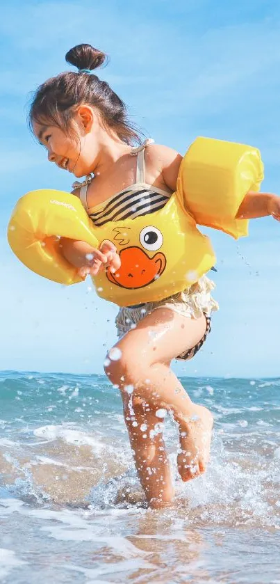 A child joyfully playing at the beach with yellow arm floaties and clear blue skies.