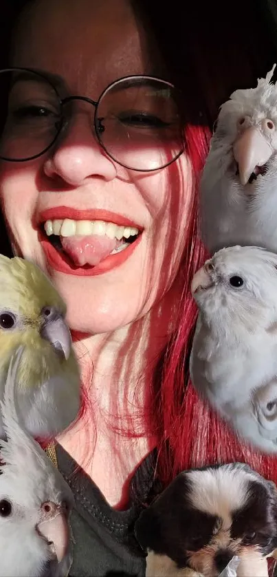 Woman smiling with colorful birds and a small puppy on a vibrant wallpaper.