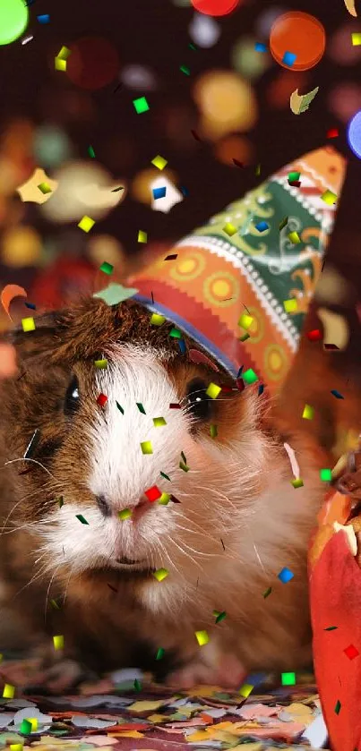 Festive guinea pig birthday with confetti and presents.