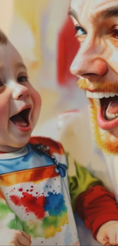 Father and baby sharing a joyful smile in colorful portrait.