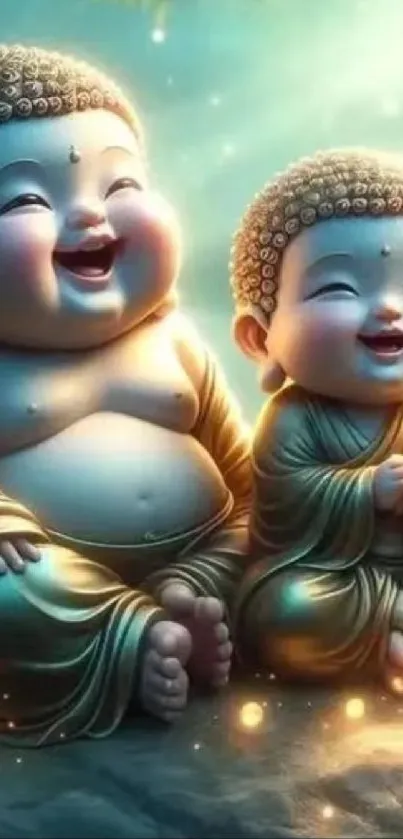 Joyful Buddha art wallpaper with two smiling figures in serene setting.